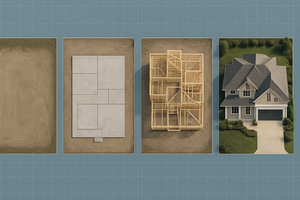 A detailed aerial architectural timeline visualization showing a luxury house construction sequence in four stages — from an