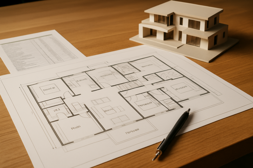 A detailed architectural blueprint spread open on a wooden table, with a high-end residential floor plan visible, surrounded